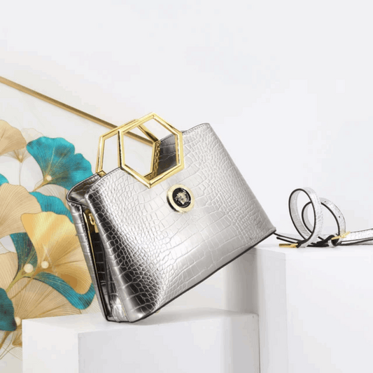 Crocodile Patterned Designer Handbag Silver Crossbody Bag | Vita Nova